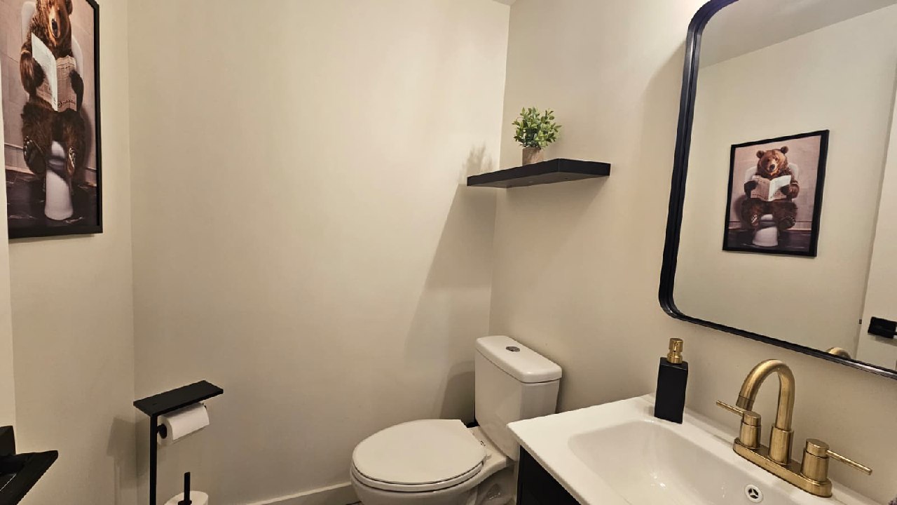 Downstairs half bath powder room with gold fixtures and bear artwork reflected in mirror